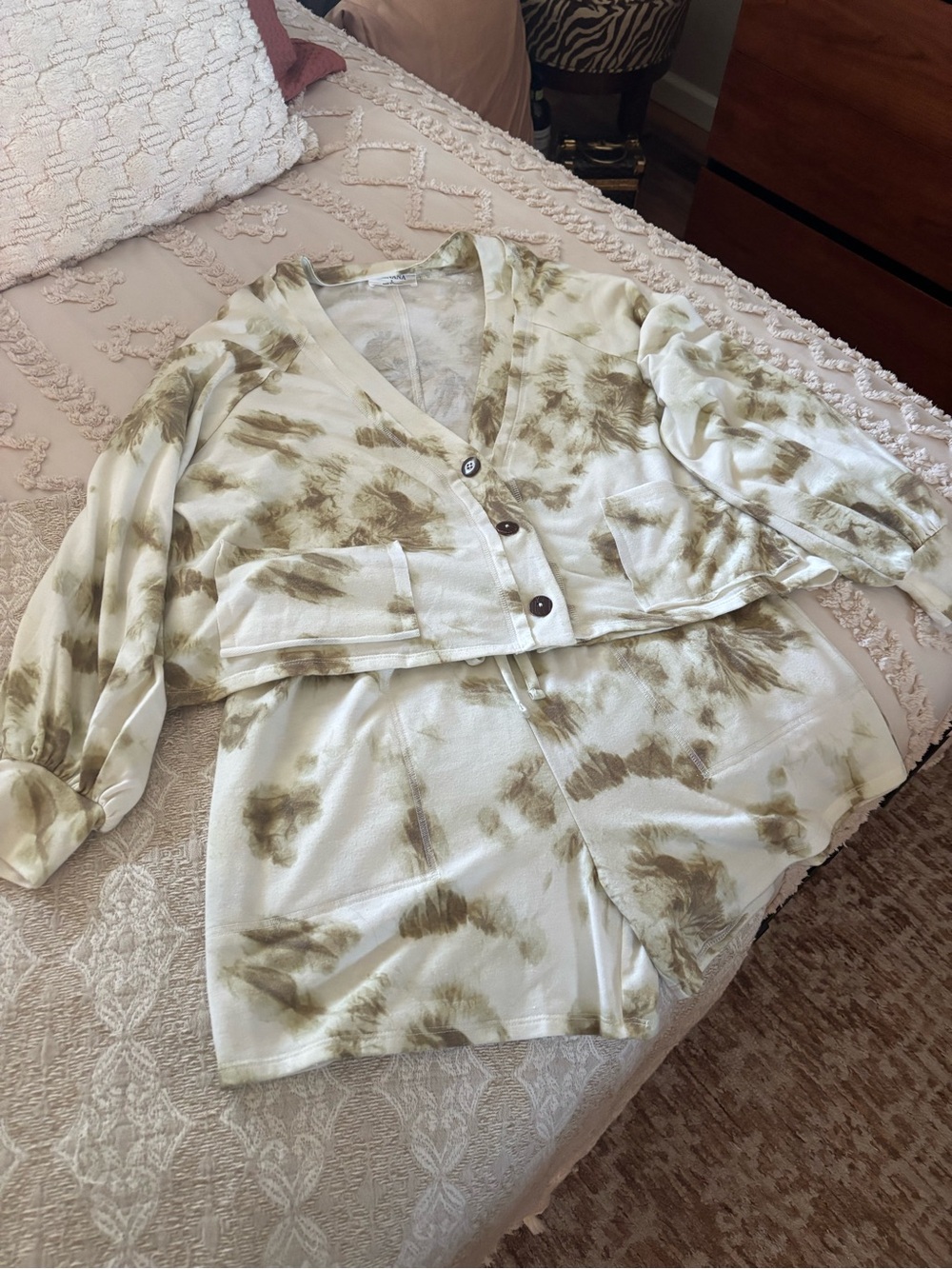 Zenana Outfitters Olive Tie-Dye Ribbed Button-Front shorts set